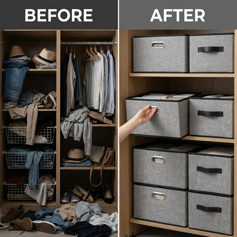 PRANDOM Large Foldable Storage Bins for Shelves [3-pack] Decorative Linen Fabric Storage Baskets Cubes with Leather/Metal Handles for Closet Nursery Office Grey and Black Trim (14.9x9.8x8.3 Inch) - Image 4